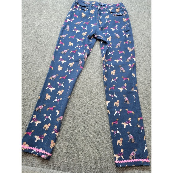 Simply Southern Pants - Simply Southern Dog Print Pants Navy Blue Pink Ric-Rac Trim Womens Small